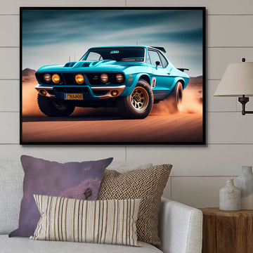 Roaring through the dusty desert in this sleek blue beast | Premium Wall Art