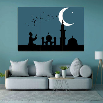 Man Praying with a Mosque and Crescent Moon in Background | Premium HD Print on Acrylic Base | Pleasing 3-Panel Wall Art