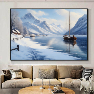 Serene Winter Landscape surrounded by majestic snow-capped mountains | AI Wall Art