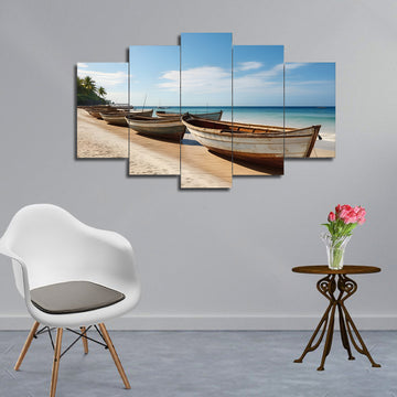 Vintage Boats at a Beach | Amazing View 5-Panel Nature Wall Art