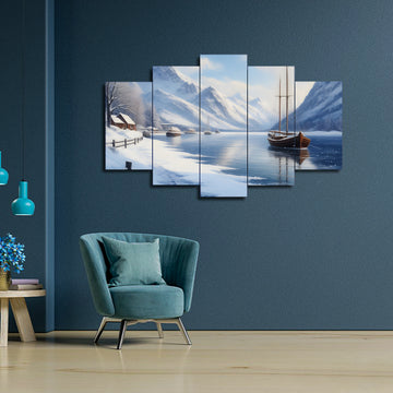 Serene Winter Landscape surrounded by majestic snow-capped mountains | 5-Panel AI Generated Wall Art